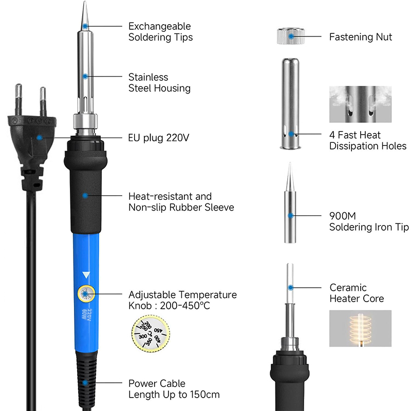 조절 가능한 온도 220V 60W 전기 납땜 인두 키트 - Diy Electronics News 리뷰 및 가격